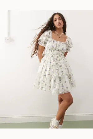 Miss Selfridge Vestido corto con estampado floral azul estilo tapiz y diseño estilo corsé de -Multicolor