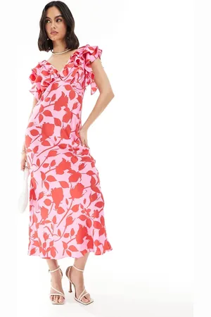 New Look Vestido midi rosa estampado con volantes en las mangas de satén de