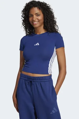 adidas Camiseta azul oscuro y blanca básica de corte slim con diseño encogido y detalle de 3 rayas Essentials de