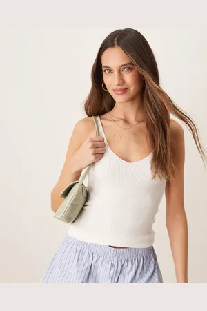 VILA Top blanco de tirantes con cuello de pico de canalé de