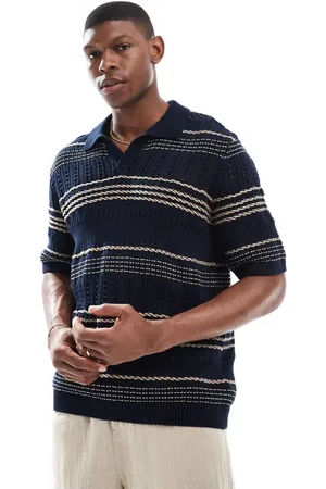 Only & Sons Polo azul marino a rayas holgado de punto calado de