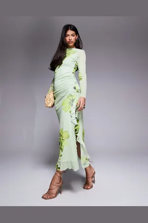 ASOS Vestido largo verde de manga larga y corte acampanado con estampado floral y detalle de volante de malla de -Multicolor