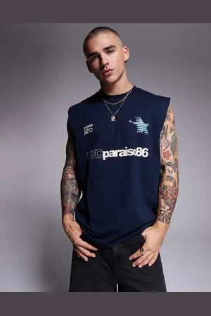 ASOS Camiseta azul marino extragrande sin mangas con estampado gráfico deportivo de
