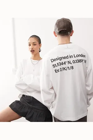 COLLUSION Camiseta blanca extragrande de manga larga con estampado de coordenadas de Unisex