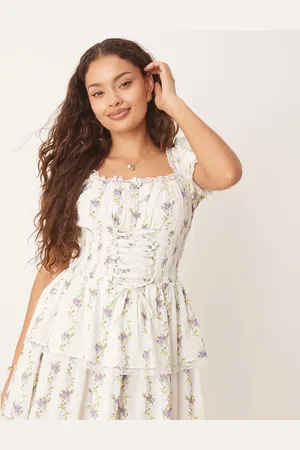 Miss Selfridge Vestido corto con estampado floral azul estilo tapiz y diseño estilo corsé de -Multicolor