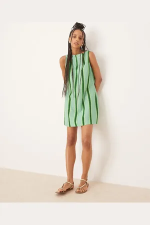ASOS Vestido recto corto verde a rayas con cuello barco de lino y algodón de