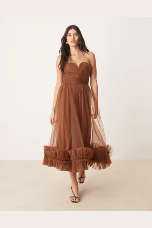 Lace & Beads Vestido semilargo con detalle tipo corsé y bajo de volantes de tul de