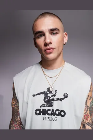 ASOS Camiseta gris claro extragrande sin mangas con estampado gráfico delantero deportivo de