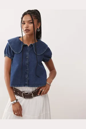 Reclaimed Blusa vaquera con cuello babero y mangas abullonadas de