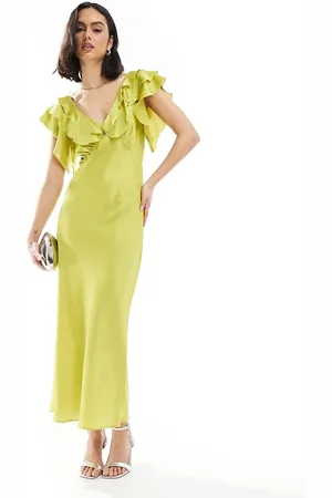 New Look Vestido midi verde luminoso con volantes en las mangas de satén de