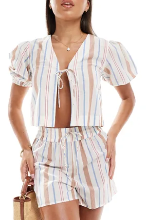 ASOS Top playero a rayas de colores con lazada delantera de algodón Carrie de (parte de un conjunto)-Multicolor