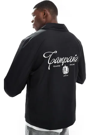 ASOS Chaqueta Harrington negra ligera con diseño universitario y estampado en la espalda de