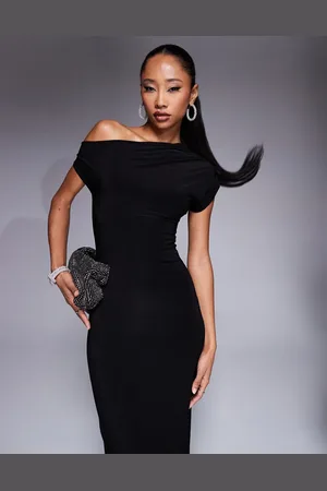 Kaiia Vestido largo ajustado y ceñido con hombro caído y diseño drapeado de doble capa exclusivo de