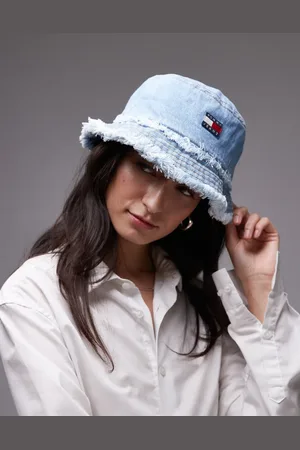 Tommy Hilfiger Sombrero de pescador vaquero azul claro con ribetes desflecados de