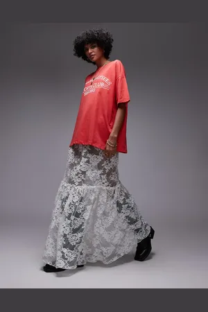 Topshop Falda larga blanco con volantes y detalle de costuras de encaje transparente de