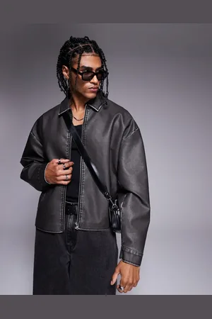 ASOS Chaqueta Harrington lavado de corte cuadrado extragrande de cuero sintético de