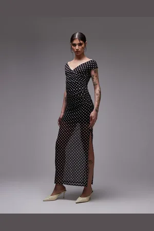 ASOS Vestido largo negro cruzado con estampado de lunares de malla de -Multicolor