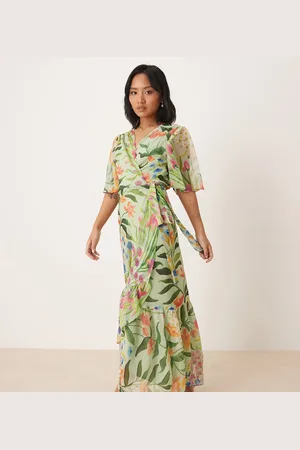 HOPE & IVY Vestido largo verde cruzado con diseño estampado, mangas de volantes y lazada en la cintura de