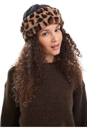 Monki Gorro pequeño negro con estampado de leopardo de nailon y piel sintética de