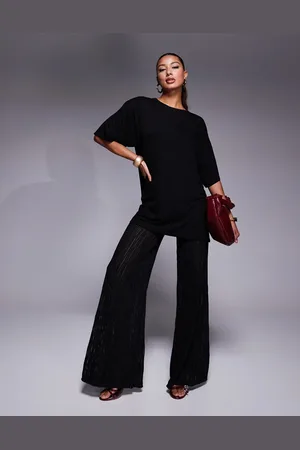 ASOS Mono largo 2 en 1 de camiseta extragrande y pantalones plisados con acabado metalizado de -Negro