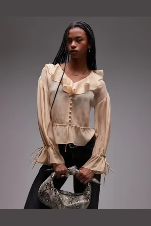 Topshop Top con lazada delantera y volante de tejido transparente de -Neutro