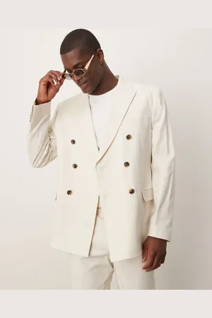 ASOS Chaqueta de traje color de corte slim con doble botonadura de mezcla de lino de -Blanco