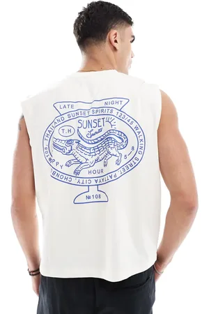 ASOS Camiseta hueso sin mangas de corte cuadrado extragrande con estampado gráfico de ciudad en la espalda de