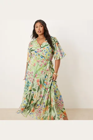 HOPE & IVY Vestido largo verde cruzado con diseño estampado, lazada en la cintura y volante en las mangas de
