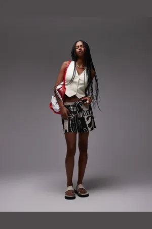 Topshop Pantalones cortos monocromáticos de talle alto con estampado abstracto y cordón ajustable de mezcla de lino de -Multicolor