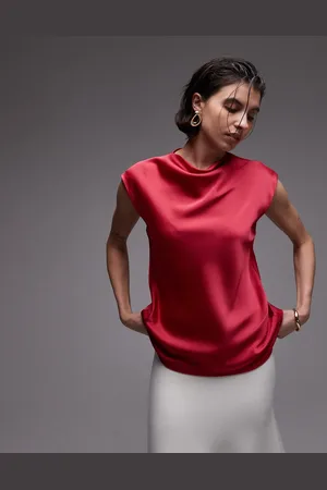 MANGO Top frambuesa con mangas de casquillo y cuello drapeado de satén de