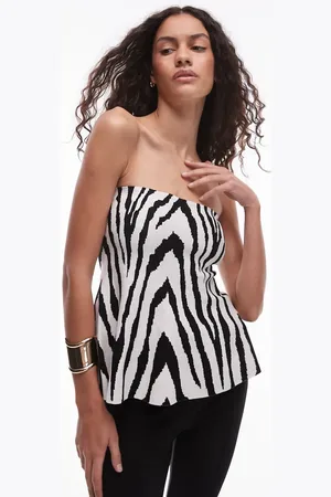 MANGO Top con estampado de cebra y escote palabra de honor de punto de