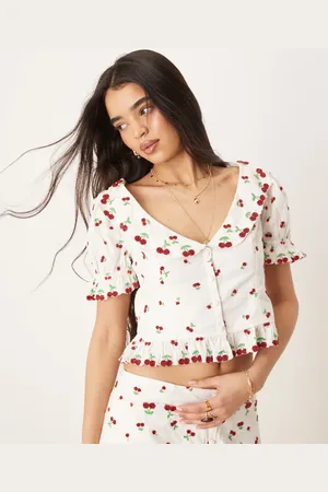 For Love & Lemons Top blanco y rojo con patrón de cerezas y detalle de cuentas de (parte de un conjunto)-Multicolor