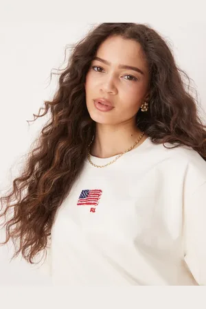 Ralph Lauren Camiseta blanco hueso de corte cuadrado con estampado de bandera de