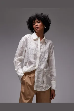 MANGO Camisa blanca con diseño bordado de encaje de