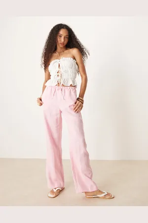 MANGO Pantalones rosas sin cierres de lino suave de