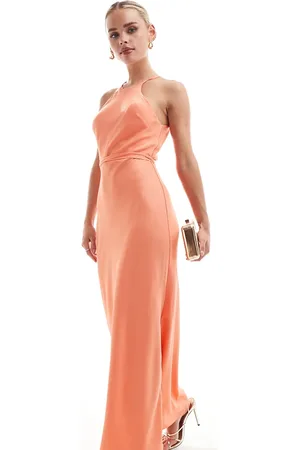ASOS Vestido largo color con cuello halter, espalda de nadadora, aberturas en los laterales y lazada en la cintura de ASOS DESIGN Petite-Naranja