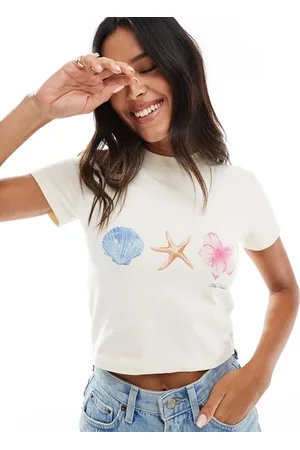 The Frolic Camiseta color con diseño encogido y estampado gráfico de concha, flor y logo de -Blanco