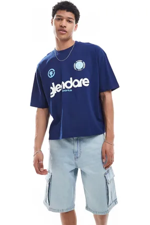 ASOS Camiseta azul marino de corte cuadrado extragrande con estampado gráfico deportivo de
