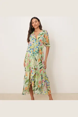 HOPE & IVY Vestido largo verde cruzado con diseño estampado, lazada en la cintura y volantes en las mangas de