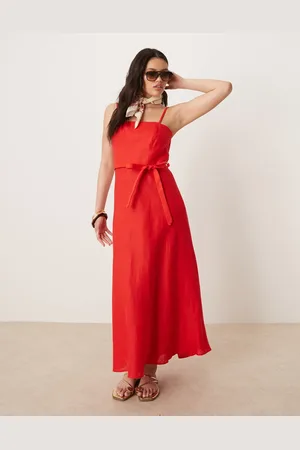 MANGO Vestido midi con cuello cuadrado y detalle de cinturón de lino 100% de