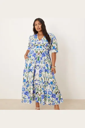 HOPE & IVY Vestido midi blanco de corte amplio con estampado azul, mangas abullonadas y cuello de pico de