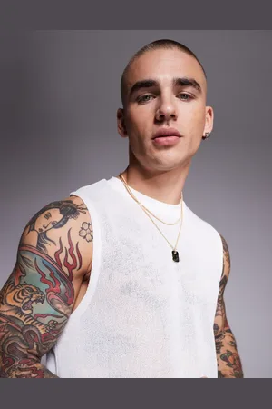 ASOS Camiseta color crema extragrande sin mangas de corte cuadrado de tejido texturizado de