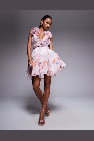ASOS Vestido corto de corte skater con estampado estilo acuarela y volantes de organza de -Rosa