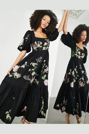 ASOS Vestido midi con mangas abullonadas, cintura marcada y bordado de rosas silvestres de