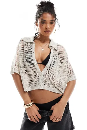 VERO MODA Camisa playera color de punto calado con lentejuelas de -Neutro