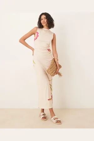 ASOS Vestido midi color crema sin mangas con espalda al aire y detalles estampados de flores de -Multicolor