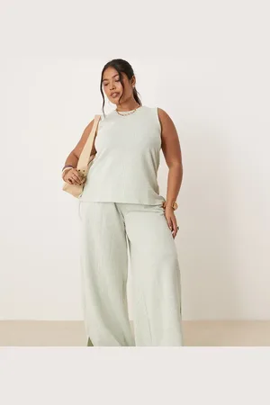 VILA Pantalones verdes y color crema a rayas de pernera ancha de tejido texturizado de (parte de un conjunto)