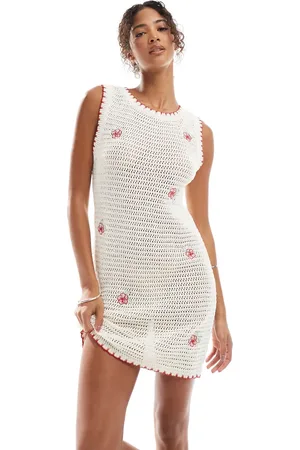 ASOS Vestido corto color con bordado floral de punto de croché de -Blanco