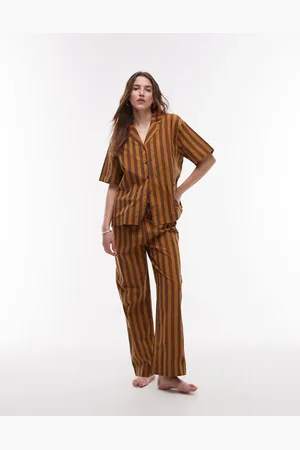 MANGO Pantalones de pijama marrones a rayas en el mismo tono de pernera ancha de algodón de (parte de un conjunto)