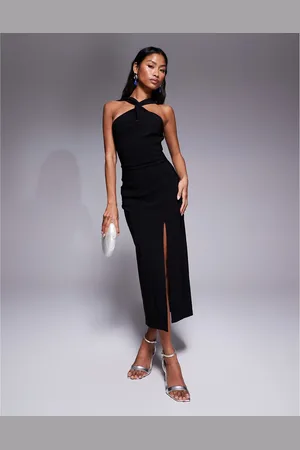 Vesper Vestido semilargo de cuello halter con detalle retorcido en la parte delantera y abertura lateral de bengalina de
